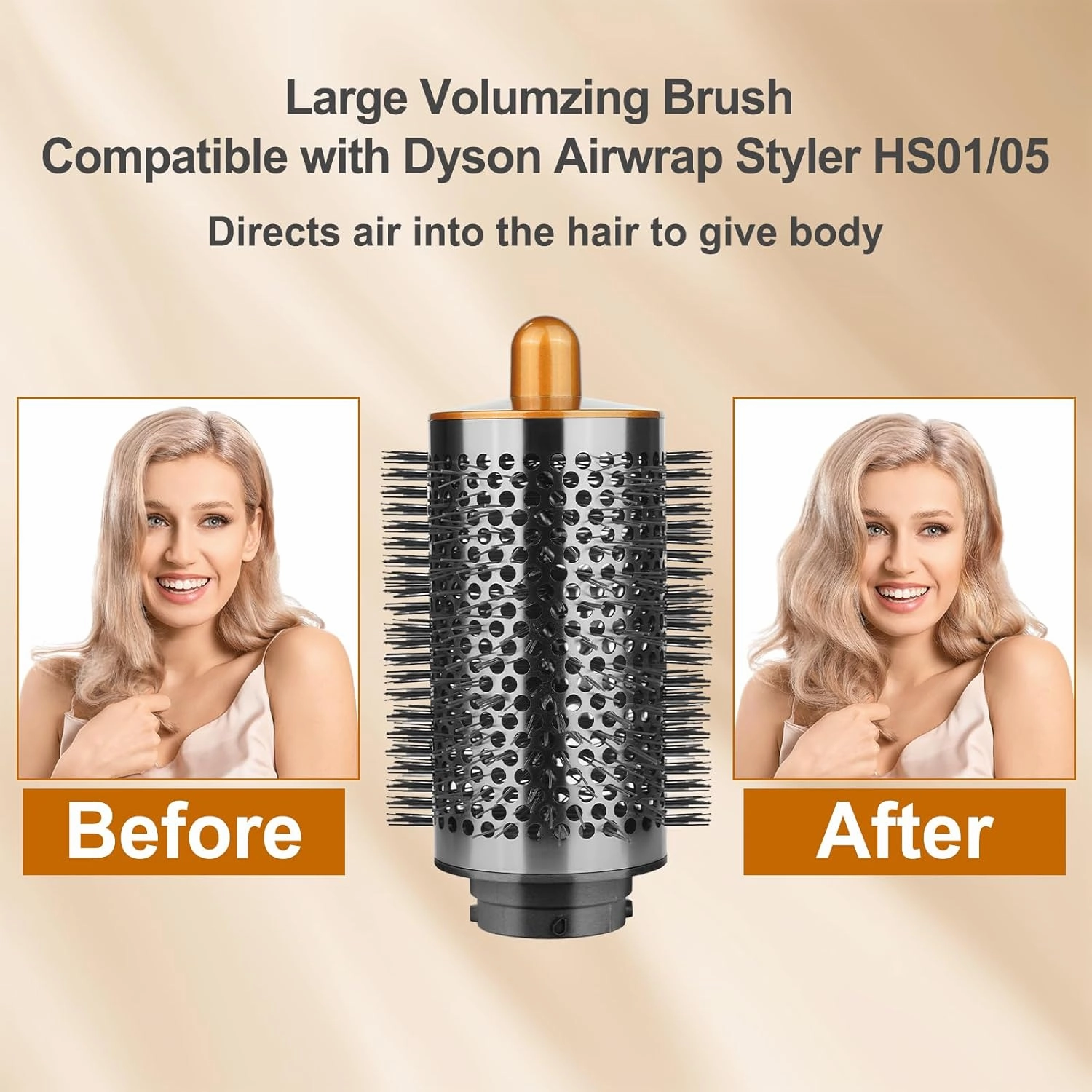 Large Round Volumizing Brush and Smoothing Dryer Attachment for Dyson Airwrap Styler HS01/HS05, Hair Smoothing Drying Volumizer Styling Kit Nozzle Compatible with Airwrap(Gold)