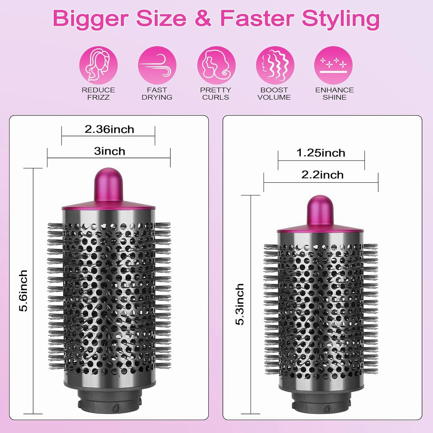 Large Round Volumizing Brush Compatible with Dyson Airwrap Attachments, Bigger Oval Round Brush Attachment with Hair Brush Cleaner Tool, Fluff up and Volumize for Styling, Rose