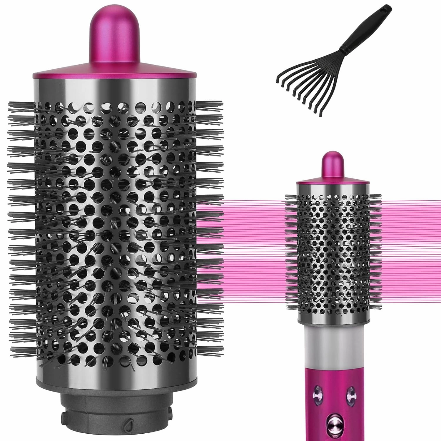 Large Round Volumizing Brush Compatible with Dyson Airwrap Attachments, Bigger Oval Round Brush Attachment with Hair Brush Cleaner Tool, Fluff up and Volumize for Styling, Rose
