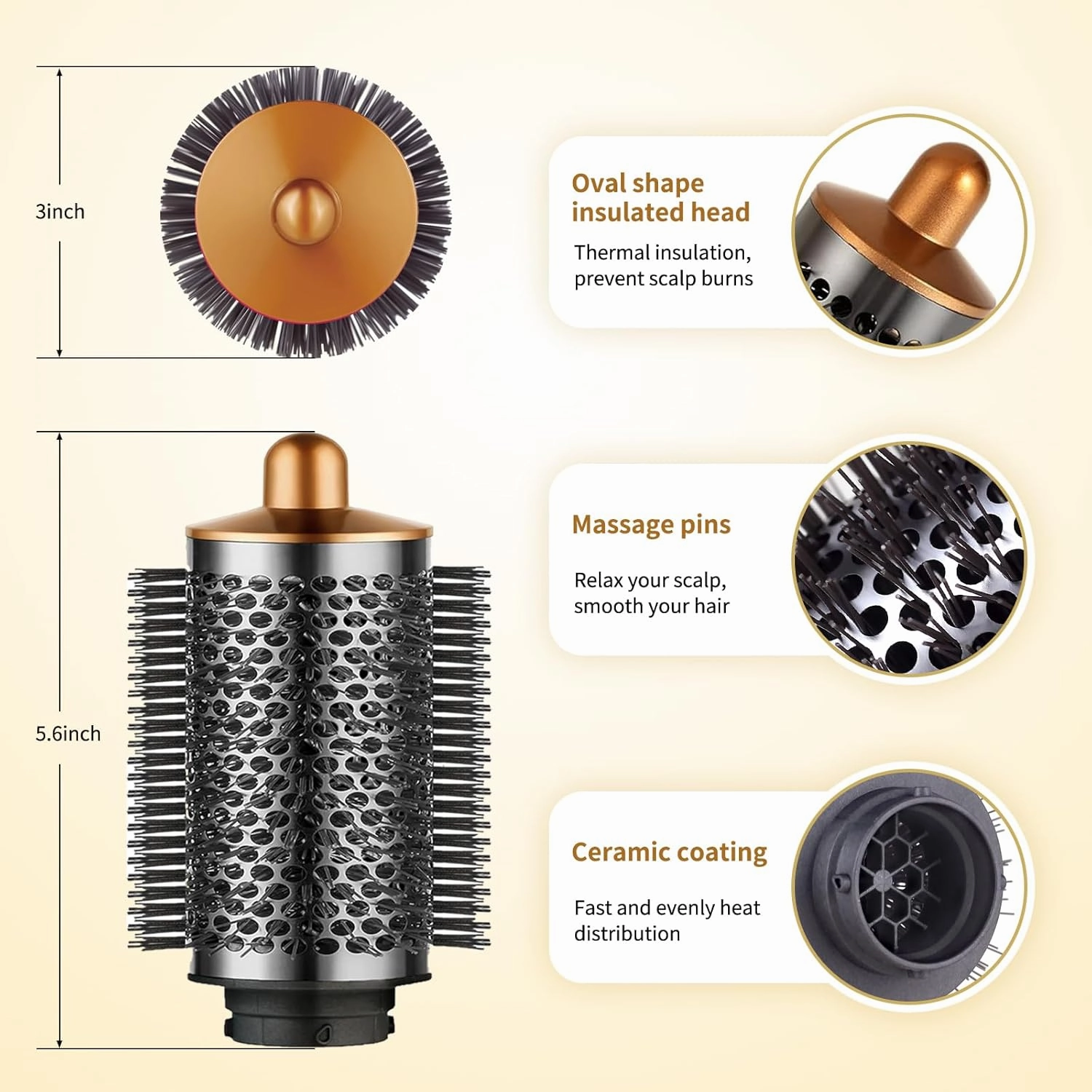 Large Round Volumizing Brush for Dyson Airwrap, Large Round Brush Attachment Compatible with Dyson Airwrap HS08 HS05 HS01 for Fluff Up, Volumize and Styling Hair (Gold)