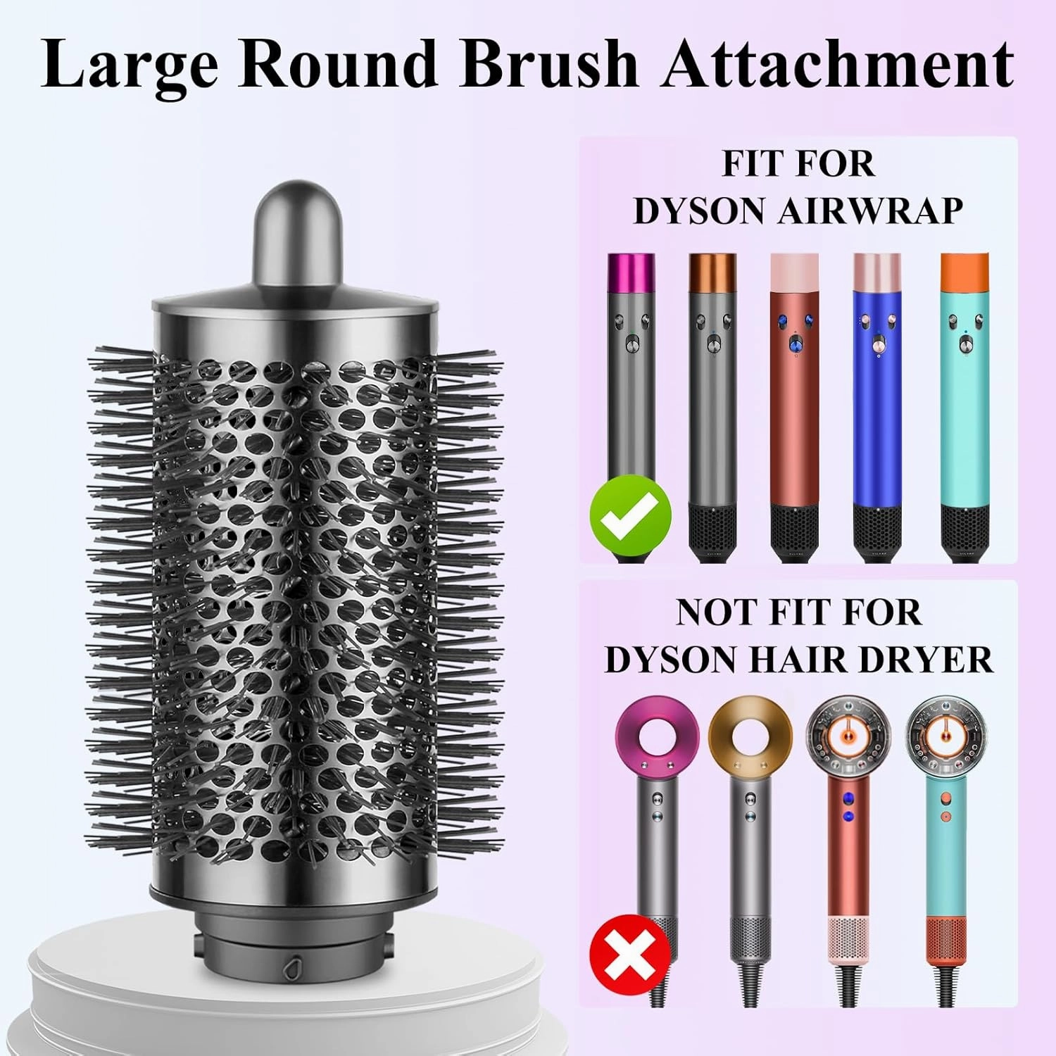 Large Round Volumizing Brush (Metal Gray) Compatible with Dyson Airwrap, Fluff up and Volumize for Styling, Hair Brush Attachment for Salon-Quality Results, 1 Count, Curly Hair, Unisex