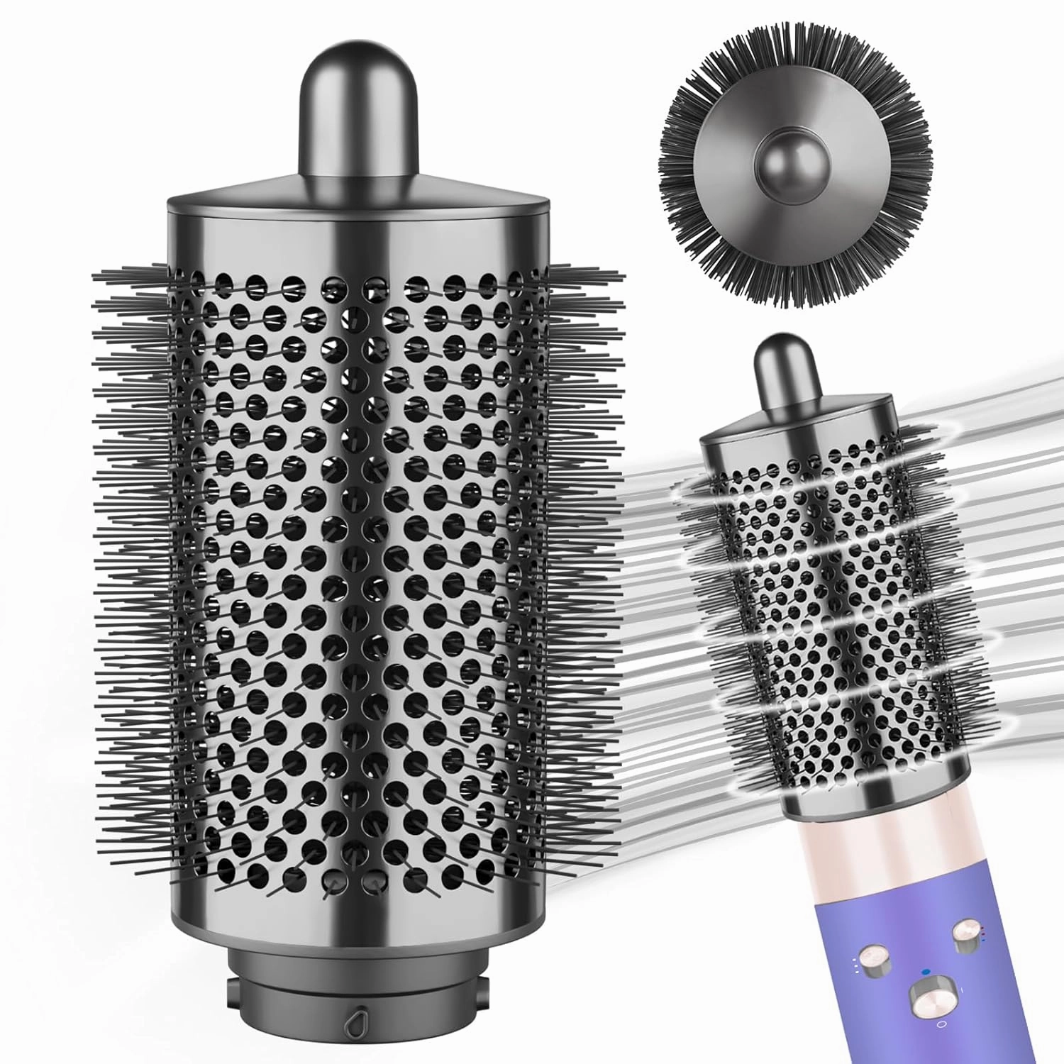 Large Round Volumizing Brush (Metal Gray) Compatible with Dyson Airwrap, Fluff up and Volumize for Styling, Hair Brush Attachment for Salon-Quality Results, 1 Count, Curly Hair, Unisex