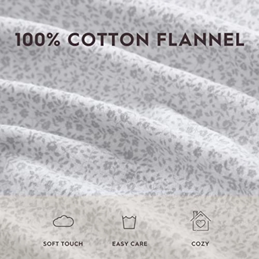 Laura Ashley - Queen Sheet Set, Cotton Flannel Bedding, Brushed for Extra Softness & Comfort (Chelsie Vine Grey, Queen)