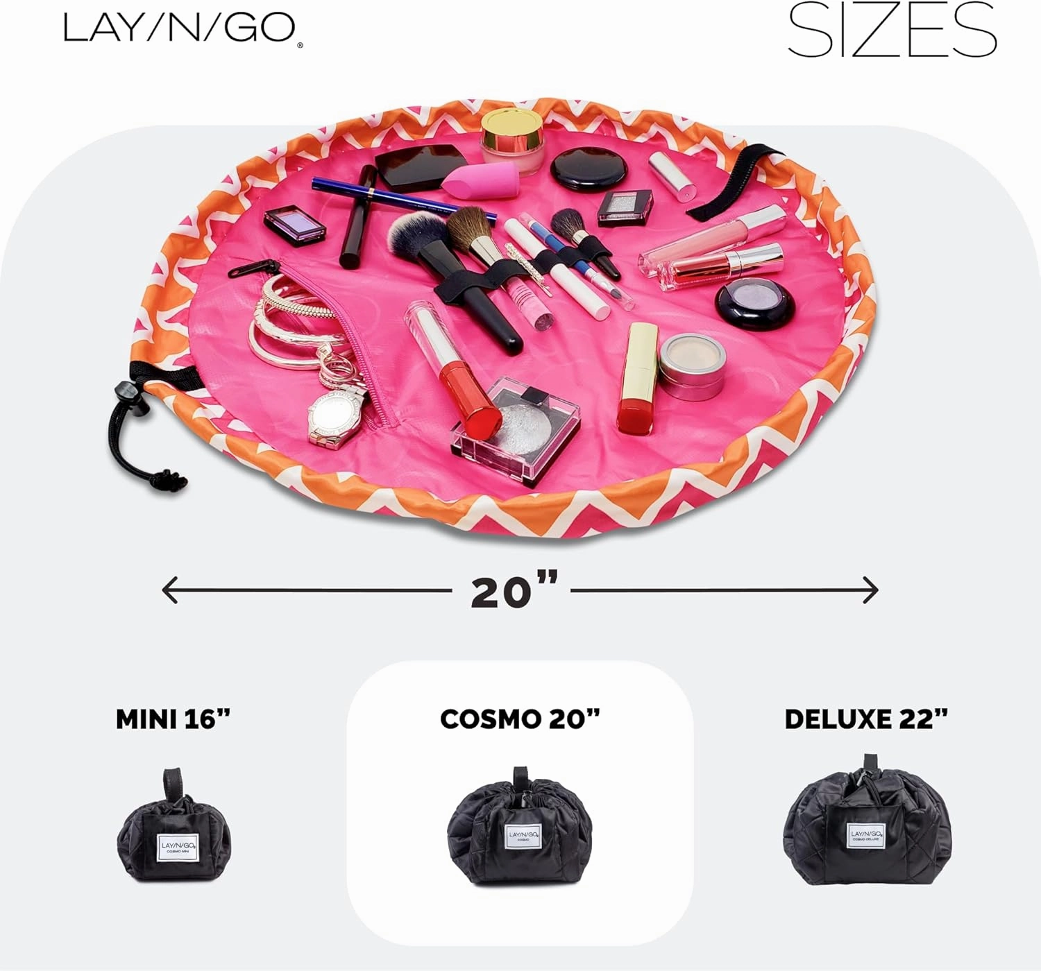 Lay-n-Go Cosmo Drawstring Cosmetic & Makeup Bag Organizer - Portable Drawstring Makeup Bag w/Zipper Pocket, Makeup Loops & More - Durable, Machine Washable Toiletry Bag for Travel (20", Zig-Zag)