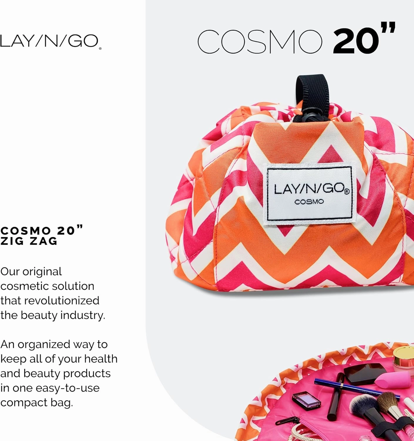 Lay-n-Go Cosmo Drawstring Cosmetic & Makeup Bag Organizer - Portable Drawstring Makeup Bag w/Zipper Pocket, Makeup Loops & More - Durable, Machine Washable Toiletry Bag for Travel (20", Zig-Zag)