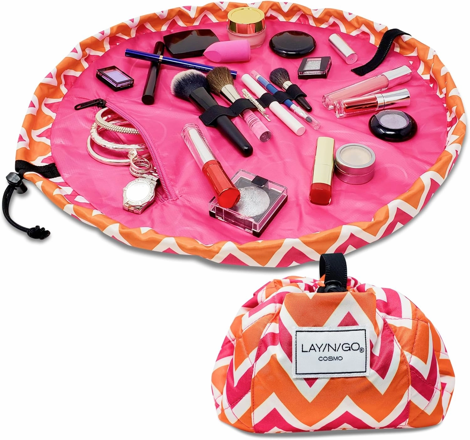 Lay-n-Go Cosmo Drawstring Cosmetic & Makeup Bag Organizer - Portable Drawstring Makeup Bag w/Zipper Pocket, Makeup Loops & More - Durable, Machine Washable Toiletry Bag for Travel (20", Zig-Zag)