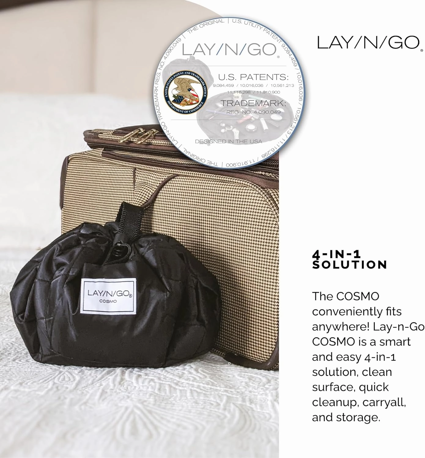 Lay-n-Go Cosmo Drawstring Cosmetic & Makeup Bag Organizer - Portable Drawstring Makeup Bag w/Zipper Pocket, Makeup Loops & More - Durable, Machine Washable Toiletry Bag for Travel (20", Zig-Zag)