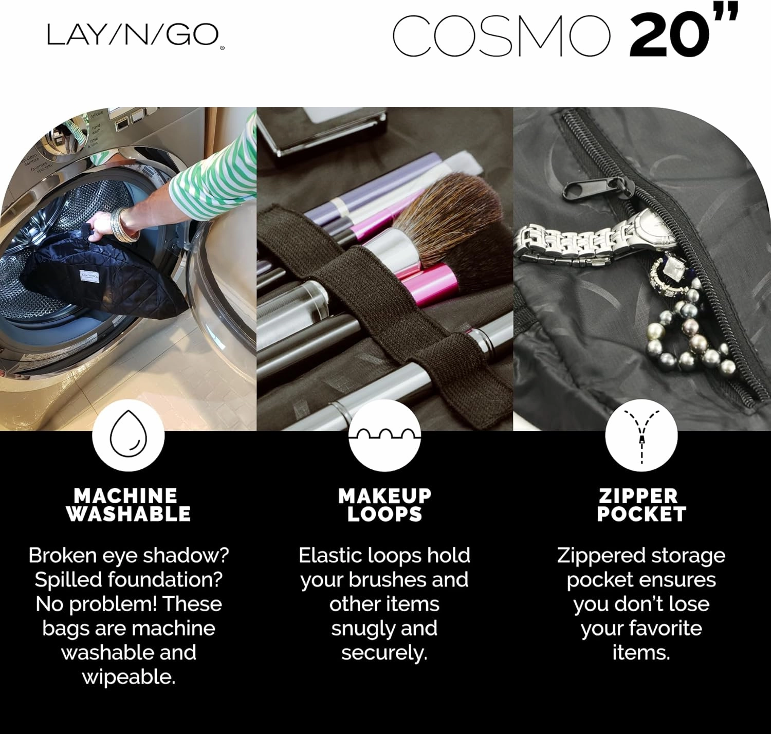 Lay-n-Go Cosmo Drawstring Cosmetic & Makeup Bag Organizer - Portable Drawstring Makeup Bag w/Zipper Pocket, Makeup Loops & More - Durable, Machine Washable Toiletry Bag for Travel (20", Zig-Zag)