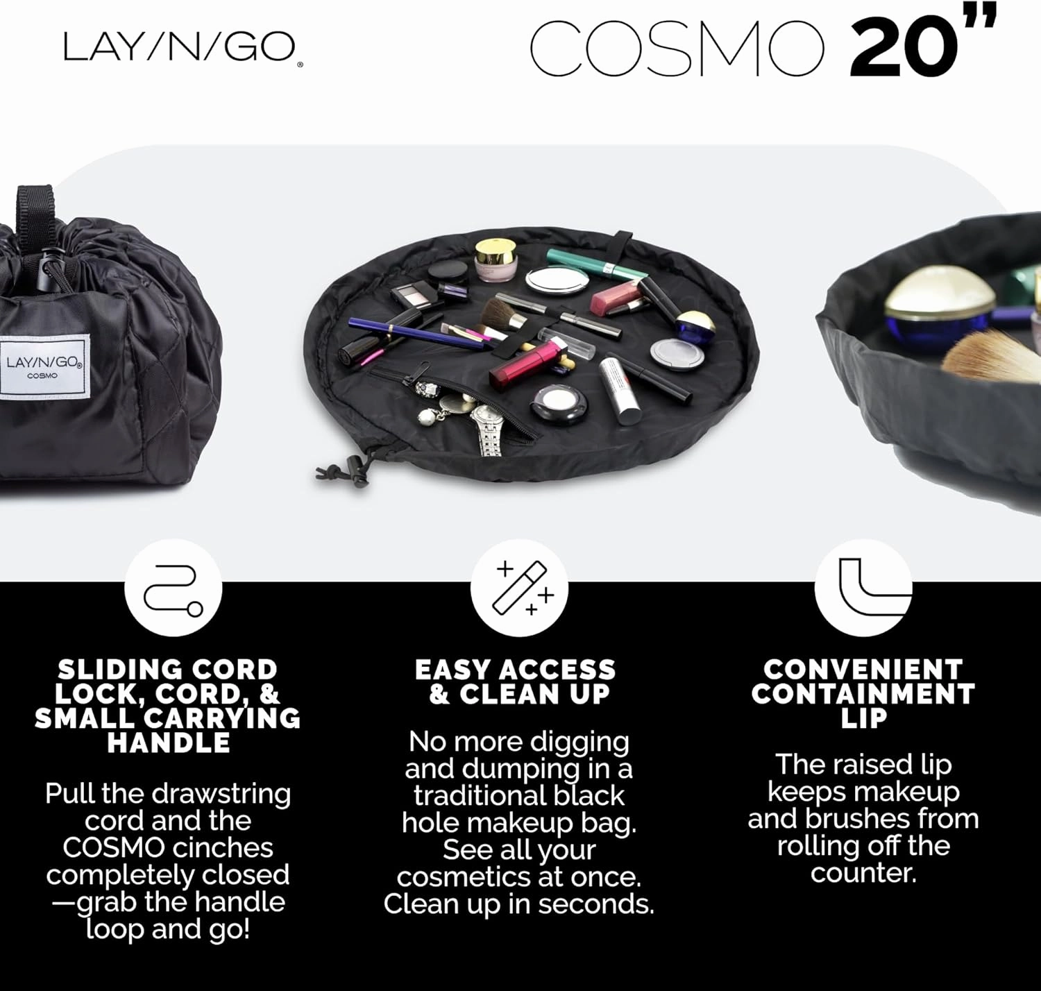 Lay-n-Go Cosmo Drawstring Cosmetic & Makeup Bag Organizer - Portable Drawstring Makeup Bag w/Zipper Pocket, Makeup Loops & More - Durable, Machine Washable Toiletry Bag for Travel (20", Zig-Zag)