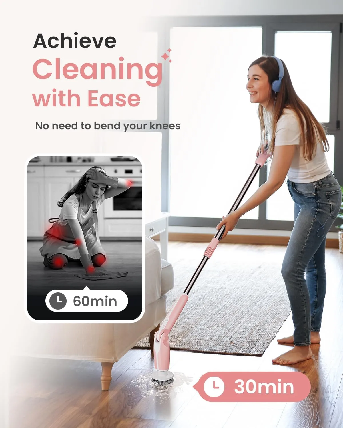 Leebein Electric Spin Scrubber, 2024 New Electric Scrubber with 4 Adjustable Angles and 8 Brush Heads, Shower Scrubber with Long Handle & Remote Control, Cleaning Brush for Bathroom, Tub, Floor(White)