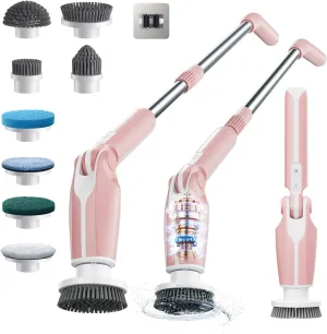 Leebein Electric Spin Scrubber, 2024 New Electric Scrubber with 4 Adjustable Angles and 8 Brush Heads, Shower Scrubber with Long Handle & Remote Control, Cleaning Brush for Bathroom, Tub, Floor(White)