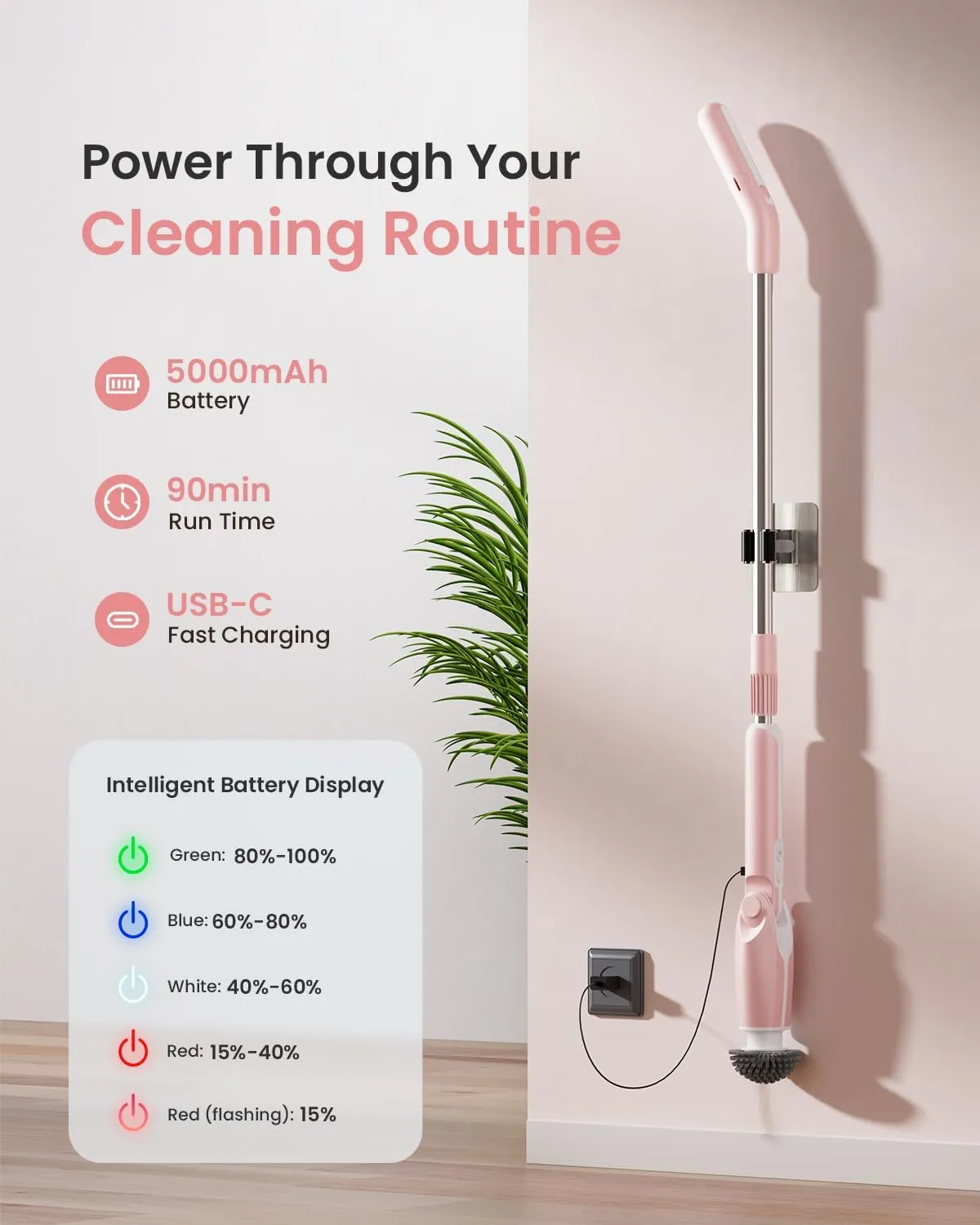Leebein Electric Spin Scrubber, 2024 New Electric Scrubber with 4 Adjustable Angles and 8 Brush Heads, Shower Scrubber with Long Handle & Remote Control, Cleaning Brush for Bathroom, Tub, Floor(White)