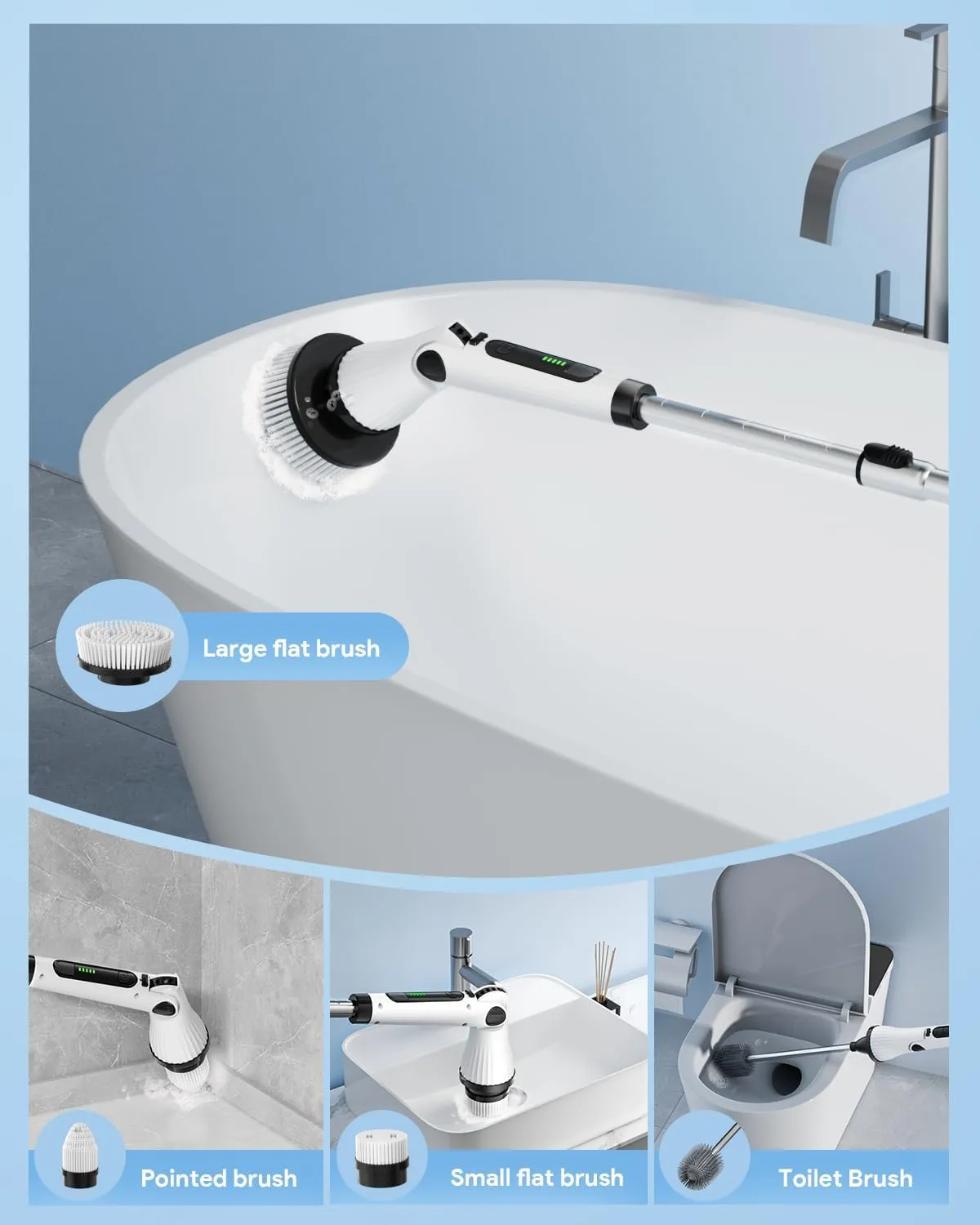 Leebein Electric Spin Scrubber, Electric Cleaning Brush with 8 Replaceable Brush Heads, Long Handle Toilet Scrub Brush, 4 Angles Adjustable Cordless Spin Scrubber for Bathroom, Tub, Tile, Toilet
