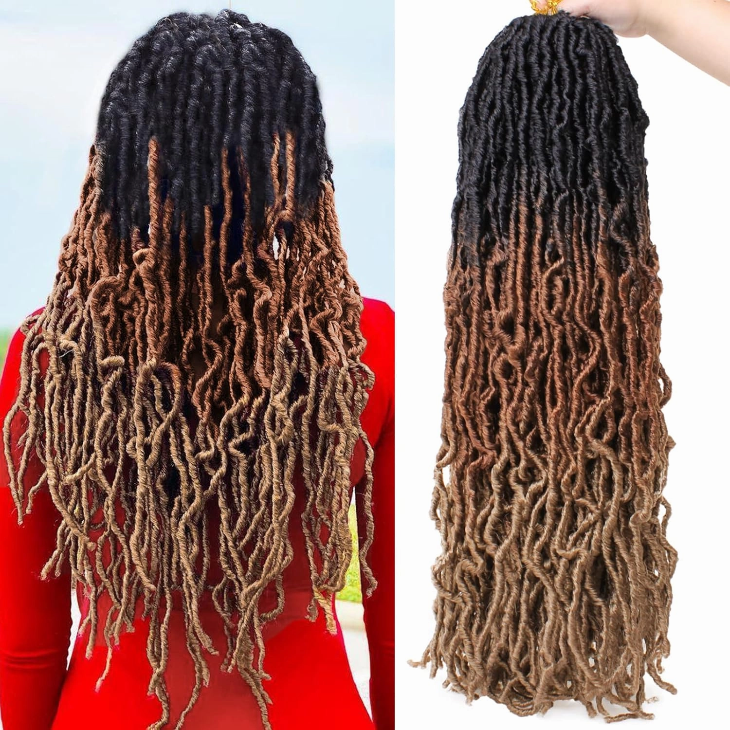 Leeven 24 Inch Ombre Long Messy Faux Locs Crochet Braids Hair 7 Packs 3 Tones Distressed Faux Soft Locs Crochet Hair 18 Strands/Pack Pre-looped Goddess Locs Braids Hair 1B3027#