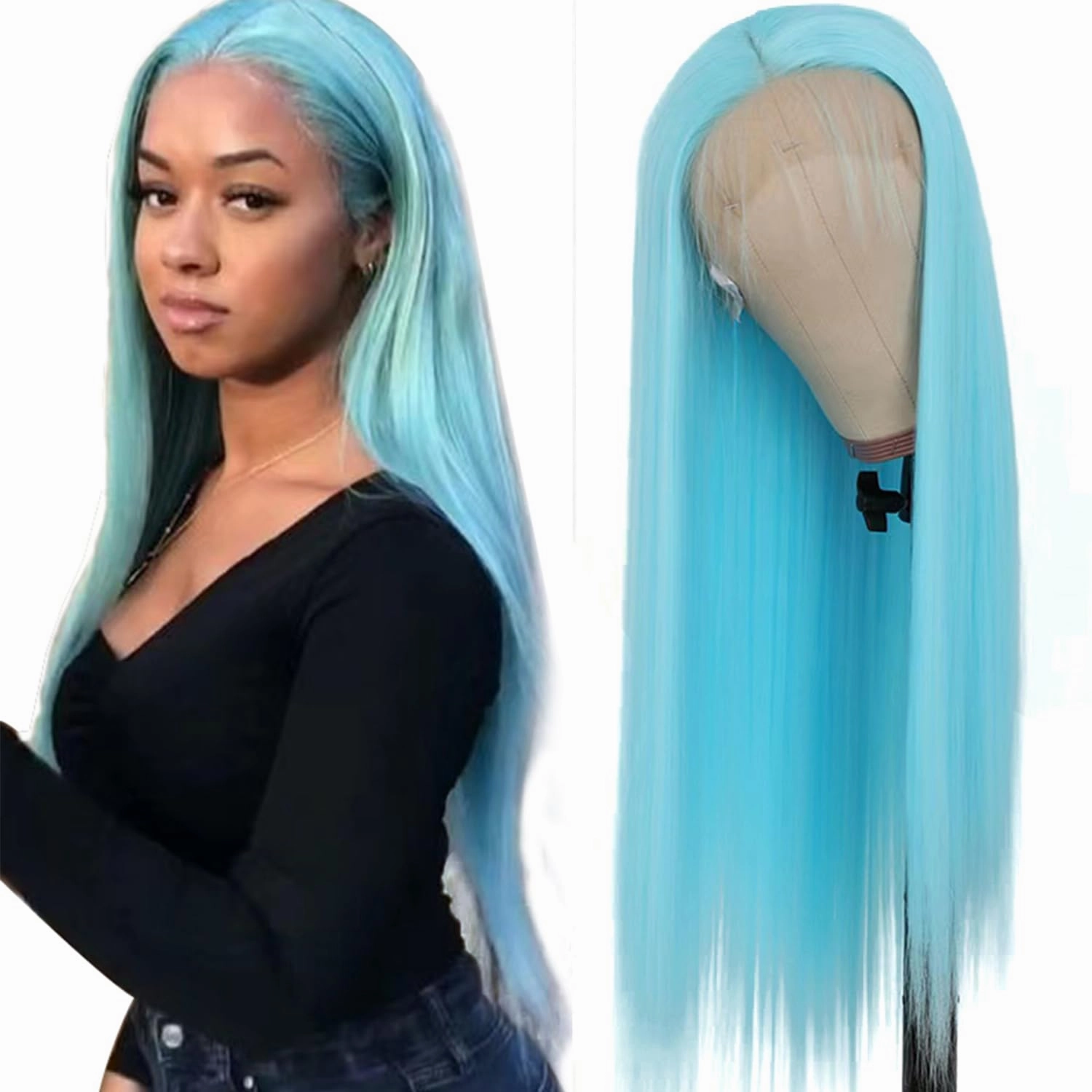 Lezaxiu Blue Lace Front Wigs - Pre Plucked, Wear and Go, Glueless, Long Straight, Light Blue, Heat Resistant Synthetic Lace Front Wigs for Black Women