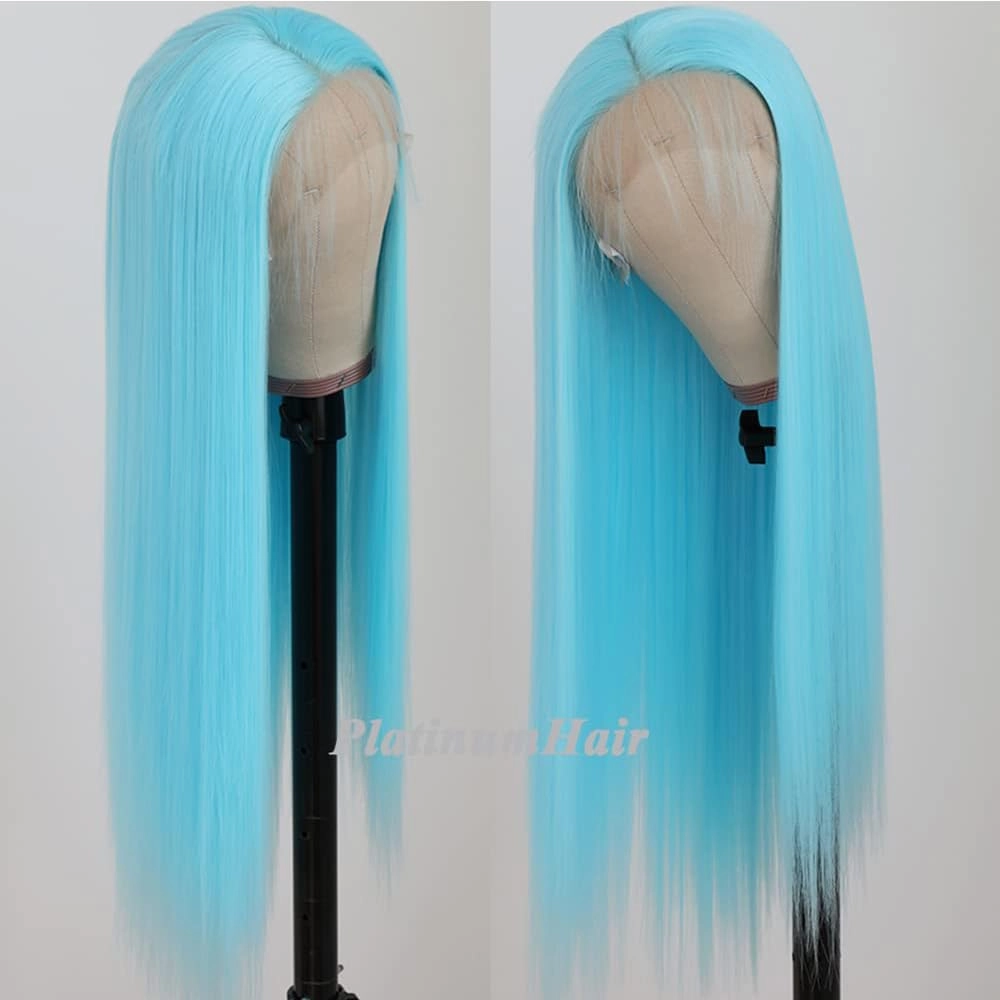 Lezaxiu Blue Lace Front Wigs - Pre Plucked, Wear and Go, Glueless, Long Straight, Light Blue, Heat Resistant Synthetic Lace Front Wigs for Black Women