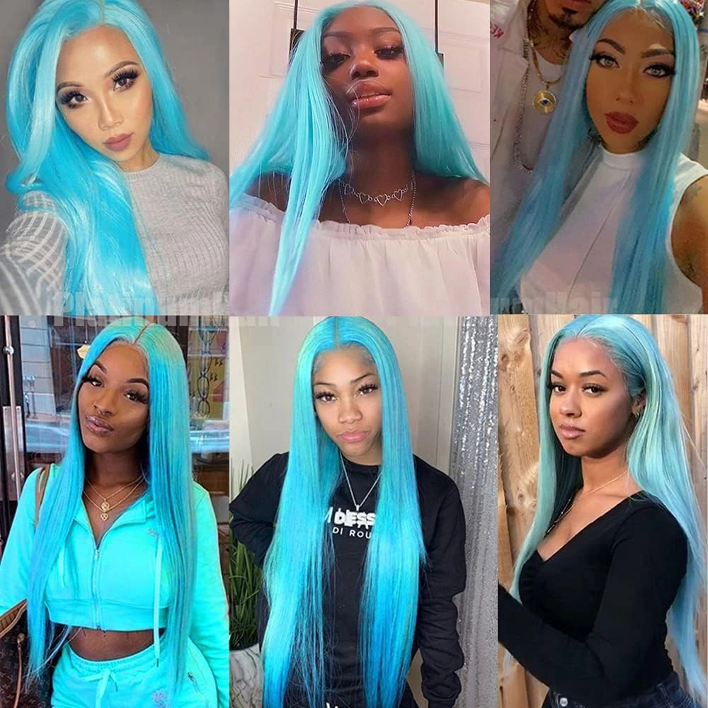 Lezaxiu Blue Lace Front Wigs - Pre Plucked, Wear and Go, Glueless, Long Straight, Light Blue, Heat Resistant Synthetic Lace Front Wigs for Black Women