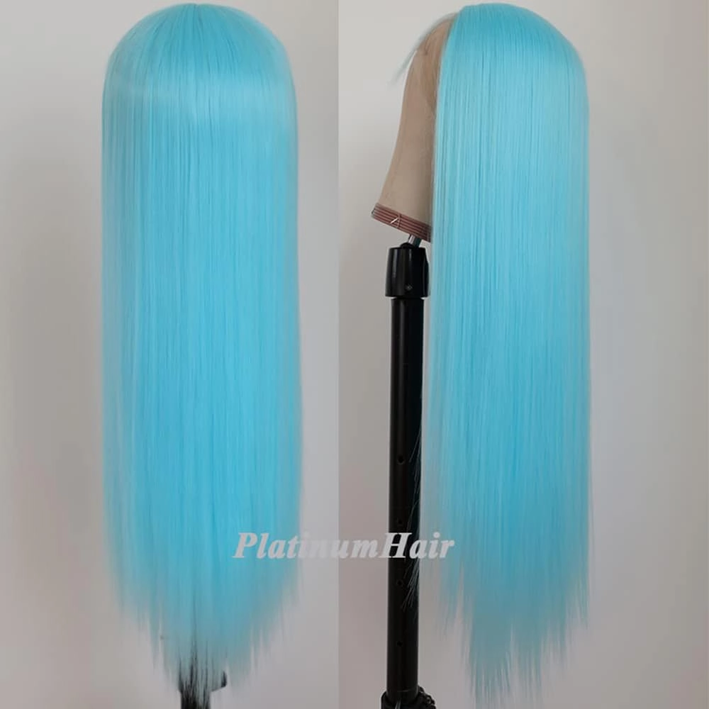 Lezaxiu Blue Lace Front Wigs - Pre Plucked, Wear and Go, Glueless, Long Straight, Light Blue, Heat Resistant Synthetic Lace Front Wigs for Black Women