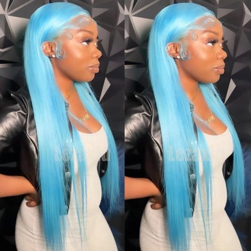 Lezaxiu Blue Lace Front Wigs - Pre Plucked, Wear and Go, Glueless, Long Straight, Light Blue, Heat Resistant Synthetic Lace Front Wigs for Black Women