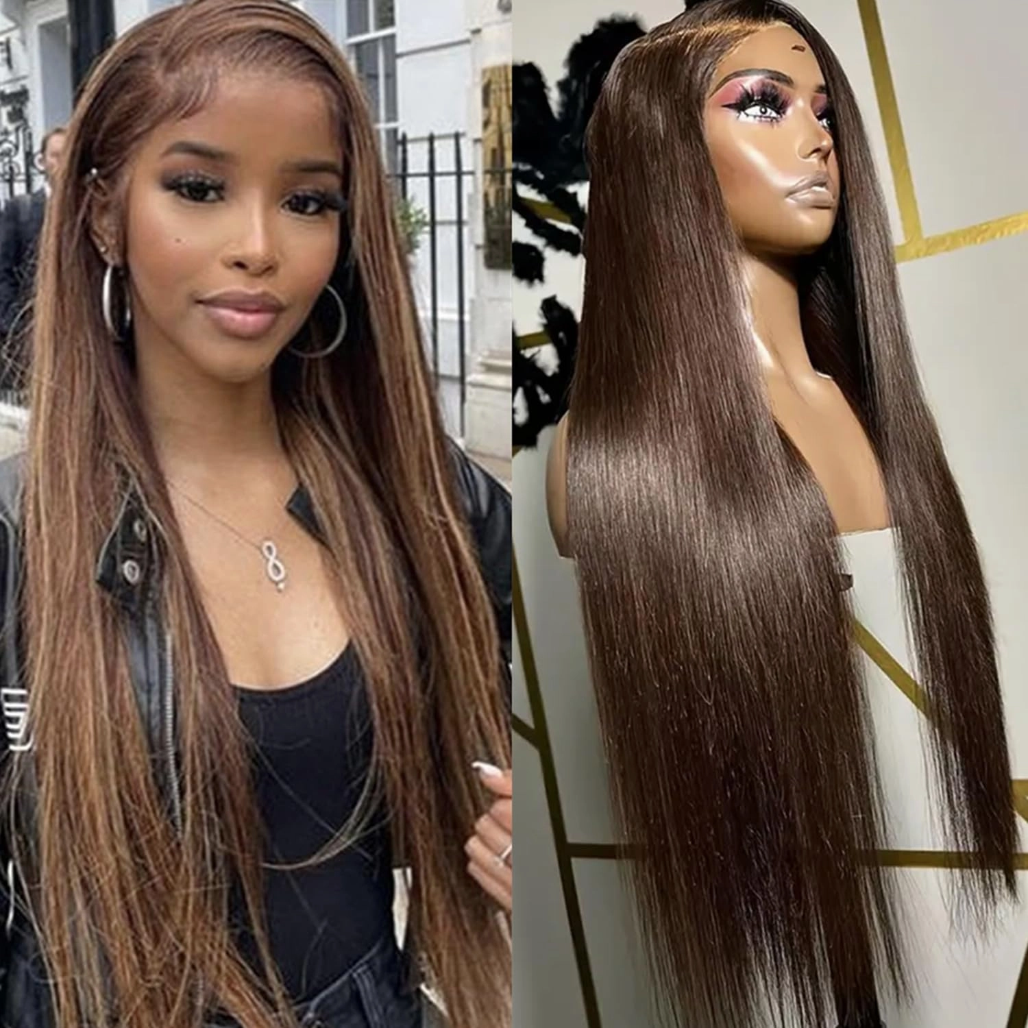 Lezaxiu Brown Lace Front Wig Pre Plucked Ready to Wear Wigs Glueless Auburn Brown Wigs Long Straight Hair Wig Heat Resistant Synthetic Lace Front Wigs for Fashion Women Natural Hairline