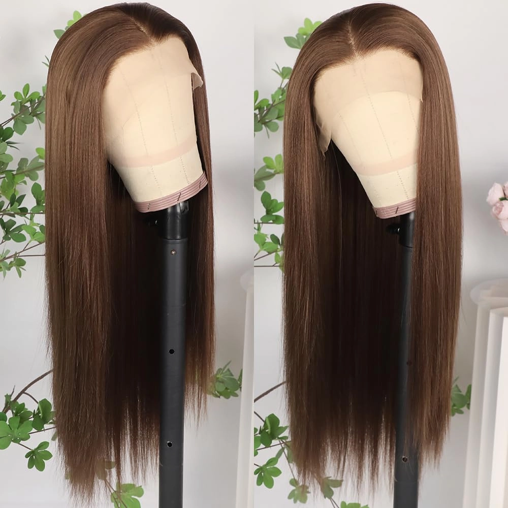 Lezaxiu Brown Lace Front Wig Pre Plucked Ready to Wear Wigs Glueless Auburn Brown Wigs Long Straight Hair Wig Heat Resistant Synthetic Lace Front Wigs for Fashion Women Natural Hairline