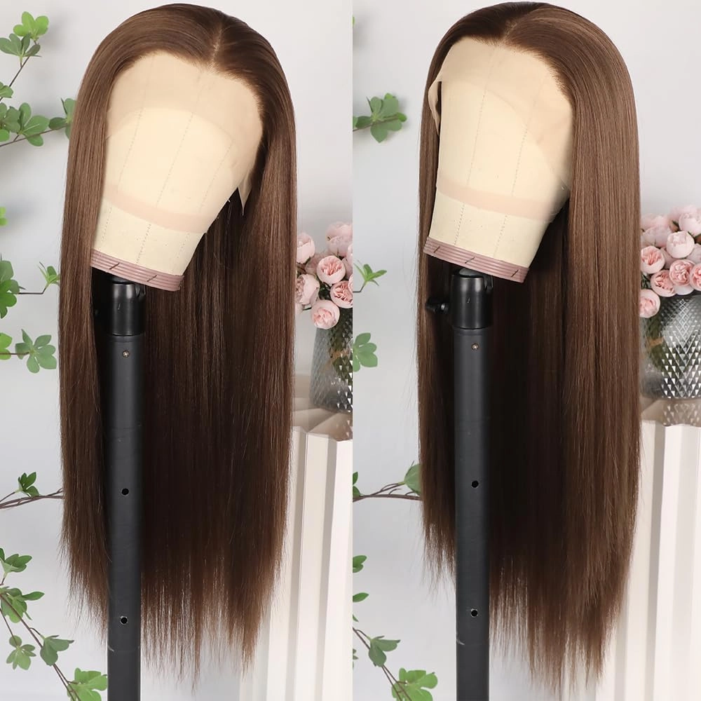 Lezaxiu Brown Lace Front Wig Pre Plucked Ready to Wear Wigs Glueless Auburn Brown Wigs Long Straight Hair Wig Heat Resistant Synthetic Lace Front Wigs for Fashion Women Natural Hairline