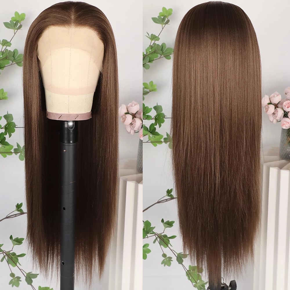 Lezaxiu Brown Lace Front Wig Pre Plucked Ready to Wear Wigs Glueless Auburn Brown Wigs Long Straight Hair Wig Heat Resistant Synthetic Lace Front Wigs for Fashion Women Natural Hairline