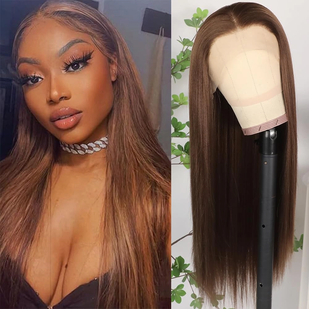 Lezaxiu Brown Lace Front Wig Pre Plucked Ready to Wear Wigs Glueless Auburn Brown Wigs Long Straight Hair Wig Heat Resistant Synthetic Lace Front Wigs for Fashion Women Natural Hairline