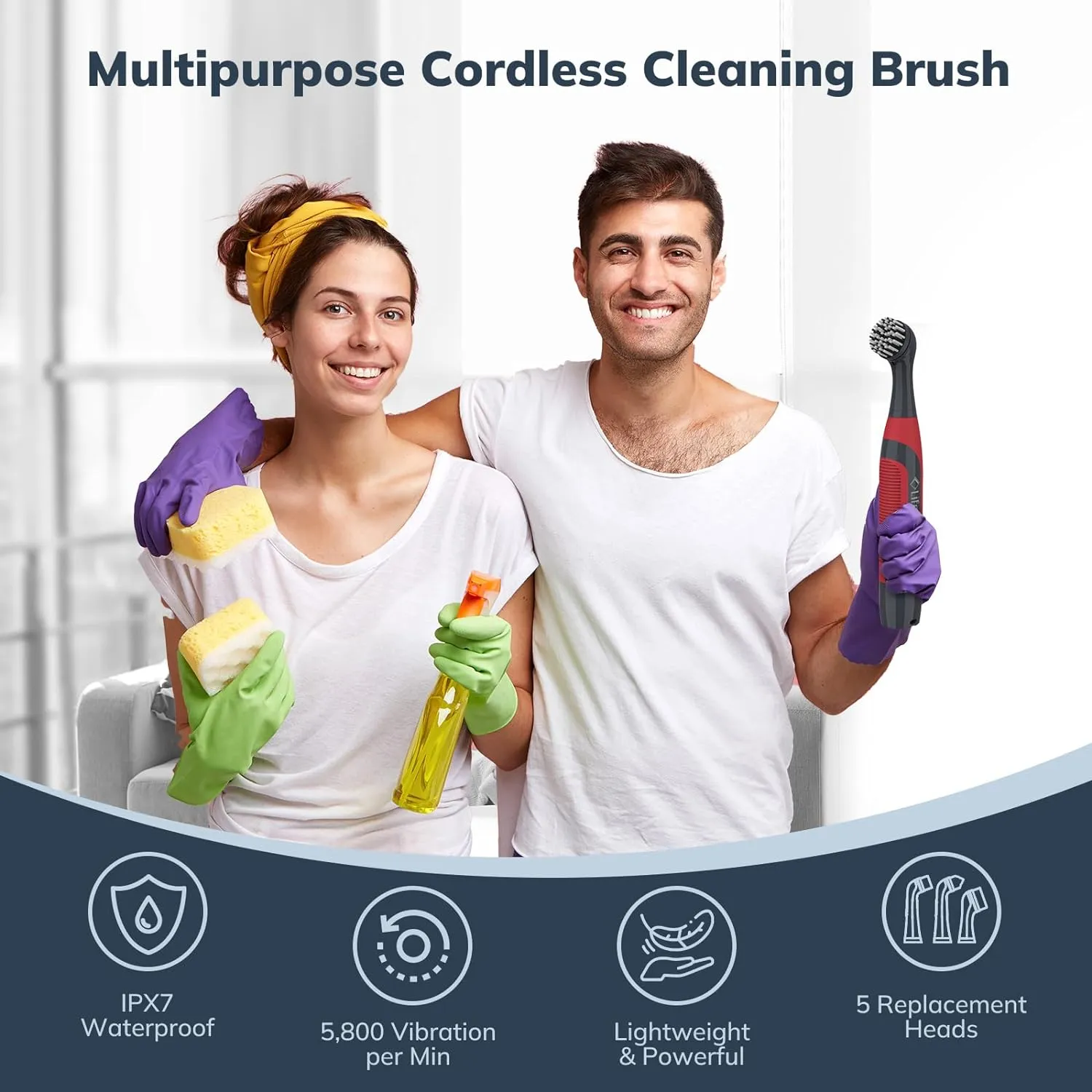 LifeBasis Cordless Electric Cleaning Brush, Mini Power Scrubber for Cleaning Waterproof Grout with 5 Brush Heads for Bathroom Kitchen Tile Crevice Corner - Red (Batteries Included)