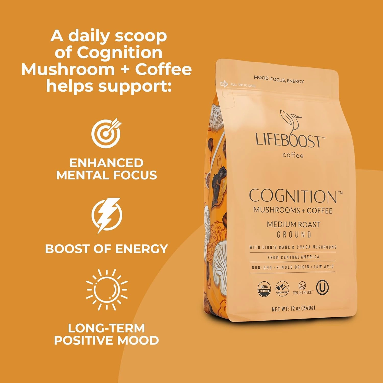 Lifeboost Cognition Adaptogenic Mushroom Coffee - Great Tasting Organic Lions Mane & Chaga Medium Roast Nootropic Coffee - Increase Energy, Boost Focus & Immune Support - 12 oz Bag - Ground