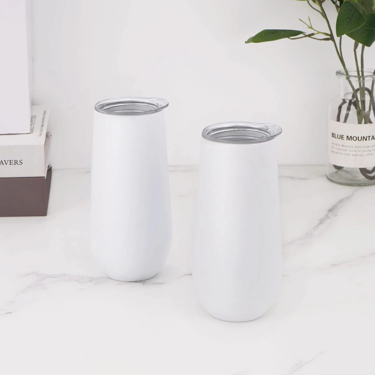 Lifecapido 2 Pack Insulated Stainless Steel Tumblers, 12oz Stemless Flutes, Insulated Champagne Glass for Birthday Party Wedding Christmas (White)