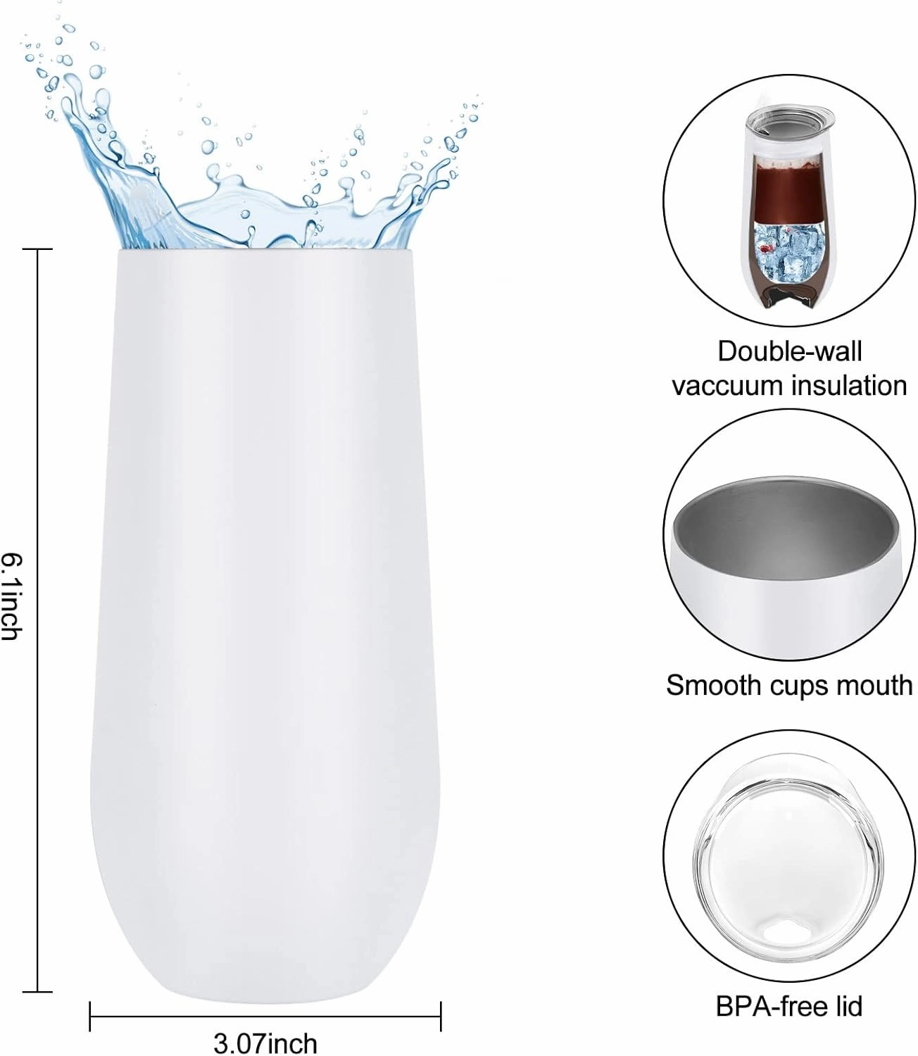 Lifecapido 2 Pack Insulated Stainless Steel Tumblers, 12oz Stemless Flutes, Insulated Champagne Glass for Birthday Party Wedding Christmas (White)