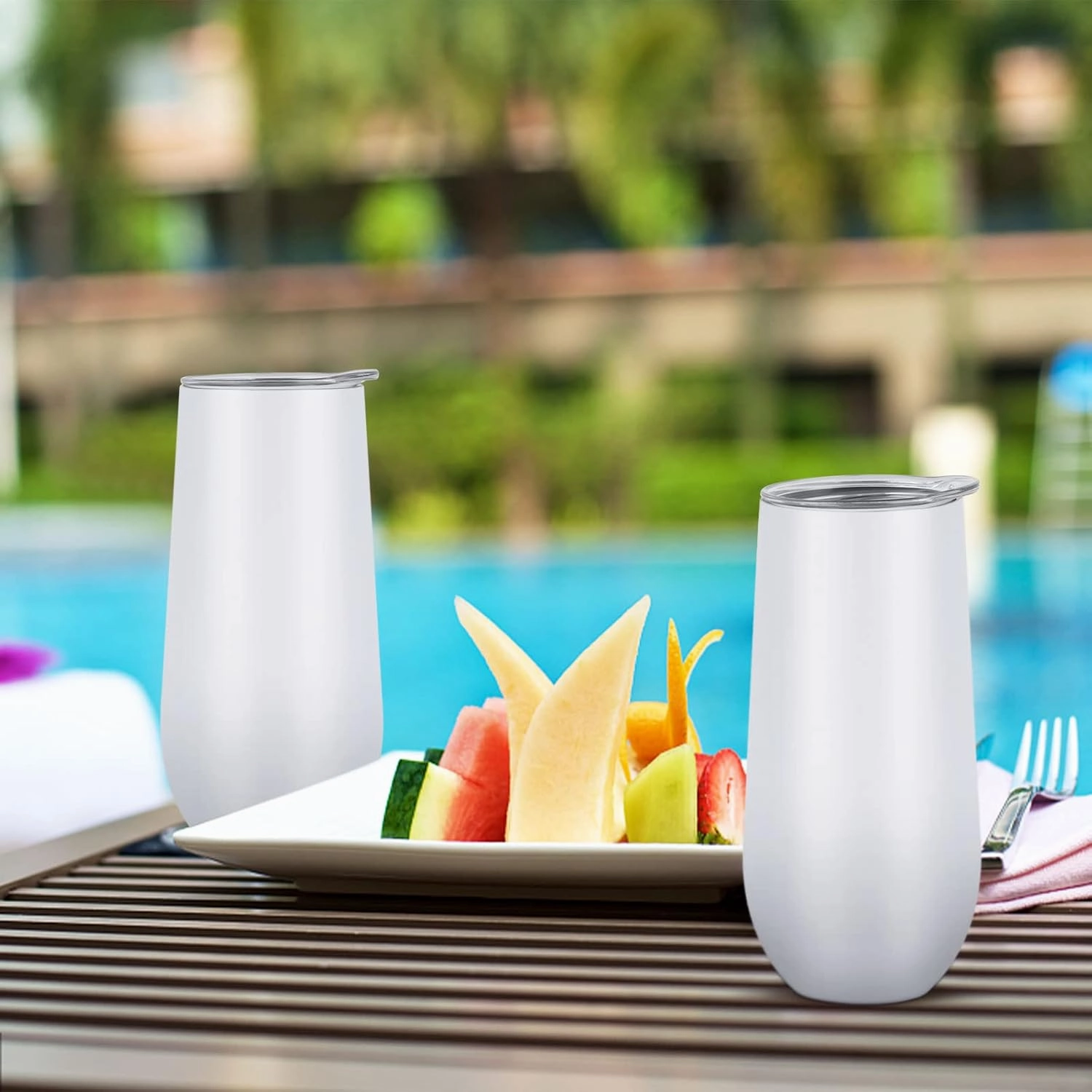 Lifecapido 2 Pack Insulated Stainless Steel Tumblers, 12oz Stemless Flutes, Insulated Champagne Glass for Birthday Party Wedding Christmas (White)