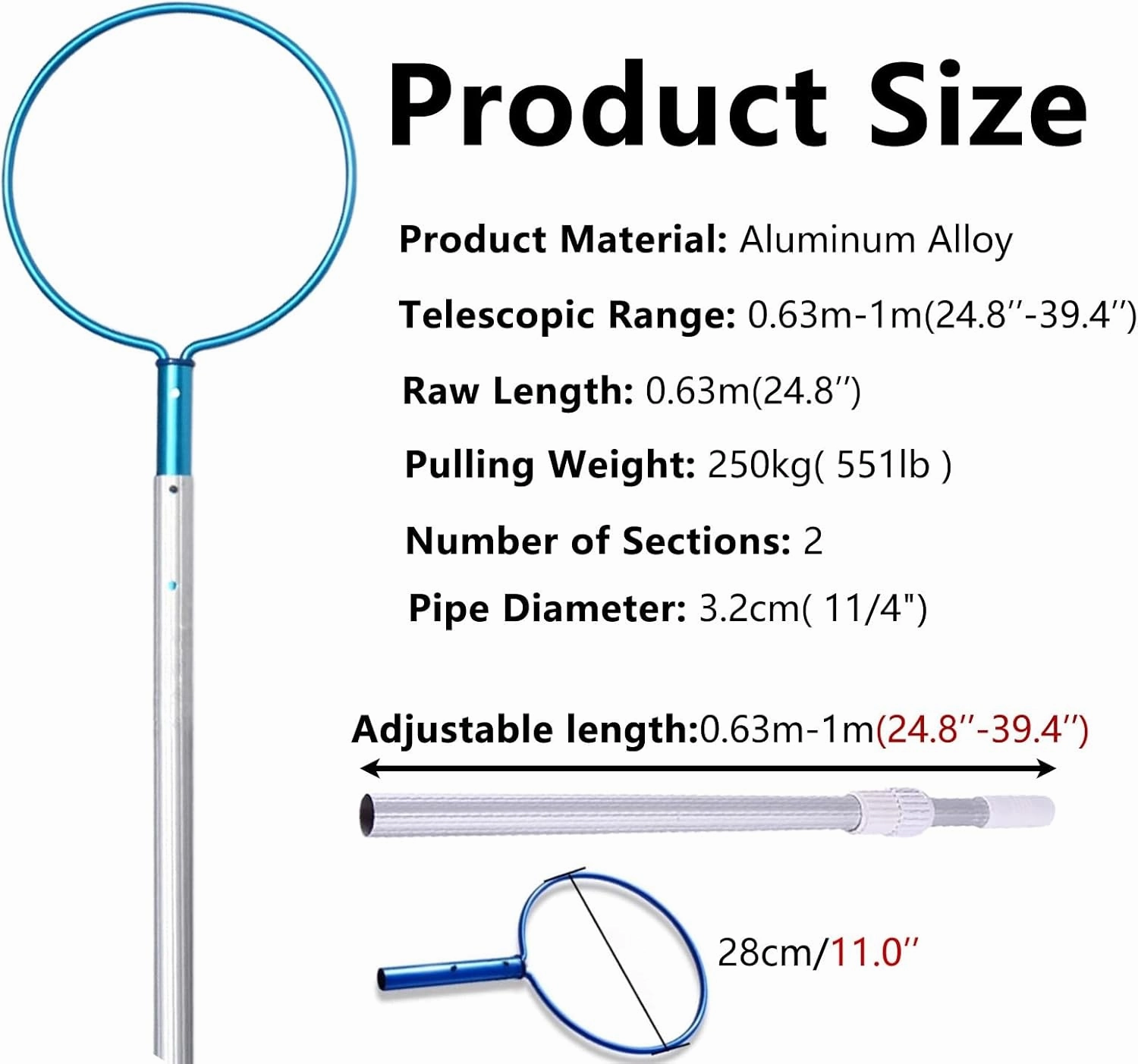 Lifesaving Pole Lightweight Pool Emergency Rescue Pole with Aluminum Telescopic Poles, Round Rescue Hook Pole for Water Parks, Beach Special Salvage Rods for Drowning Swimmers(H 1 m/3.3 ft)