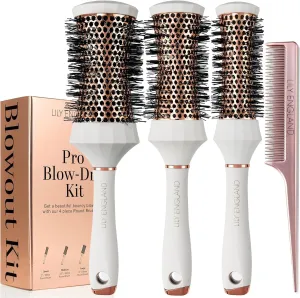 Lily England Round Hair Brush Set, 4 Piece Professional Blow Dry Kit with 3 Round Brushes and Comb for Styling, Beauty Gifts Sets for Women (White)