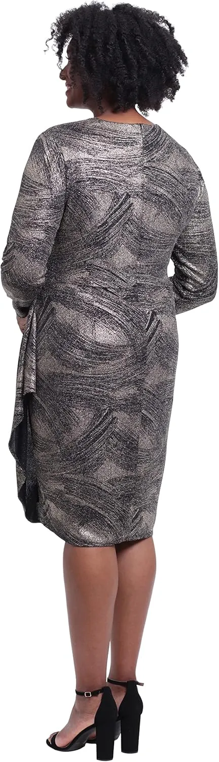 London Times Women's Plus Size Long Sleeve Surplus Bodice Dress with Draping Detail