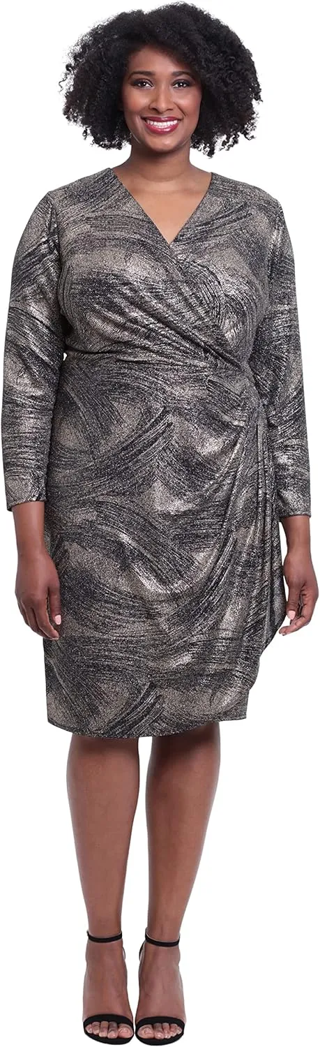 London Times Women's Plus Size Long Sleeve Surplus Bodice Dress with Draping Detail