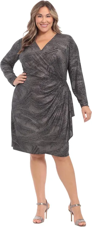 London Times Women's Plus Size Long Sleeve Surplus Bodice Dress with Draping Detail