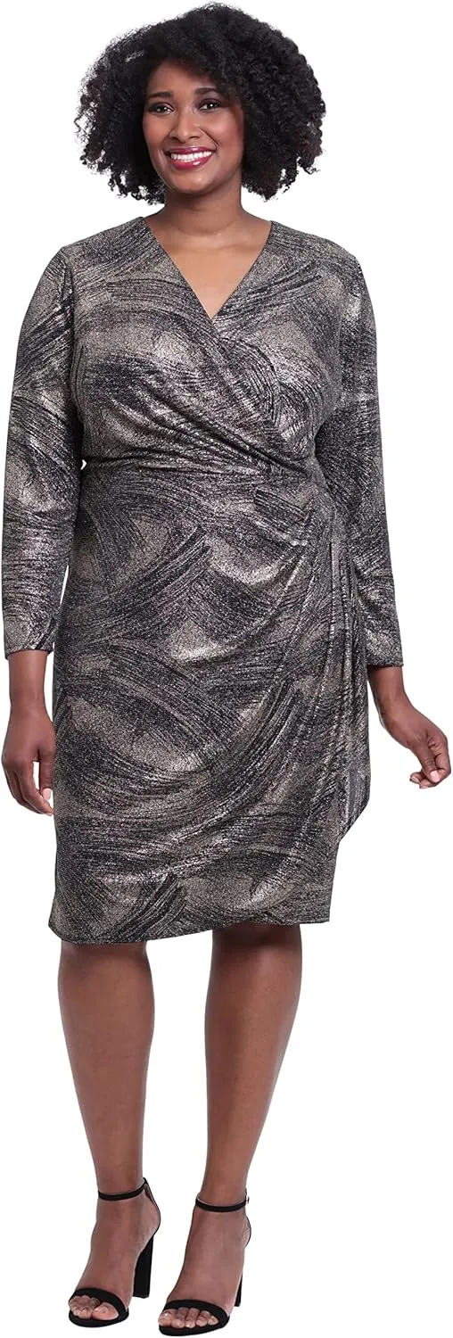 London Times Women's Plus Size Long Sleeve Surplus Bodice Dress with Draping Detail