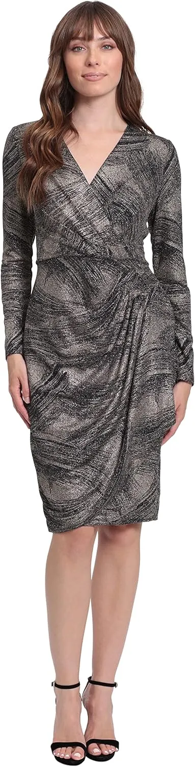 London Times Women's Plus Size Long Sleeve Surplus Bodice Dress with Draping Detail