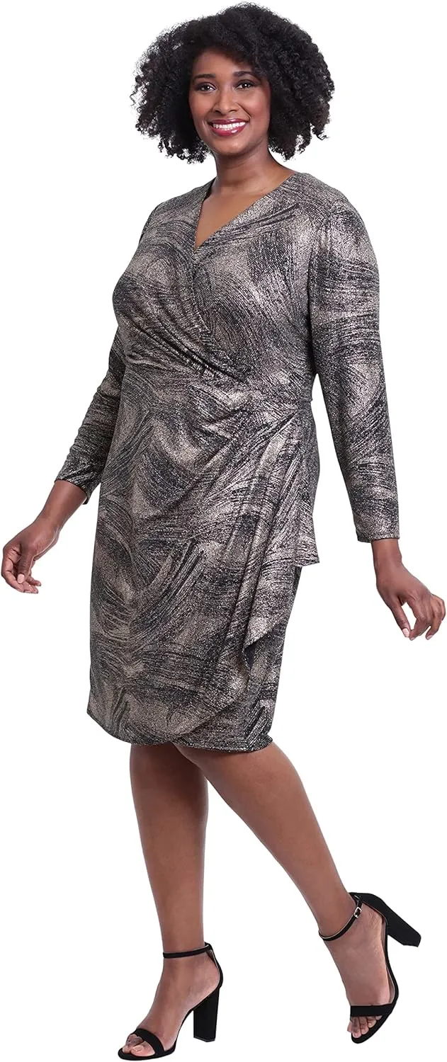 London Times Women's Plus Size Long Sleeve Surplus Bodice Dress with Draping Detail