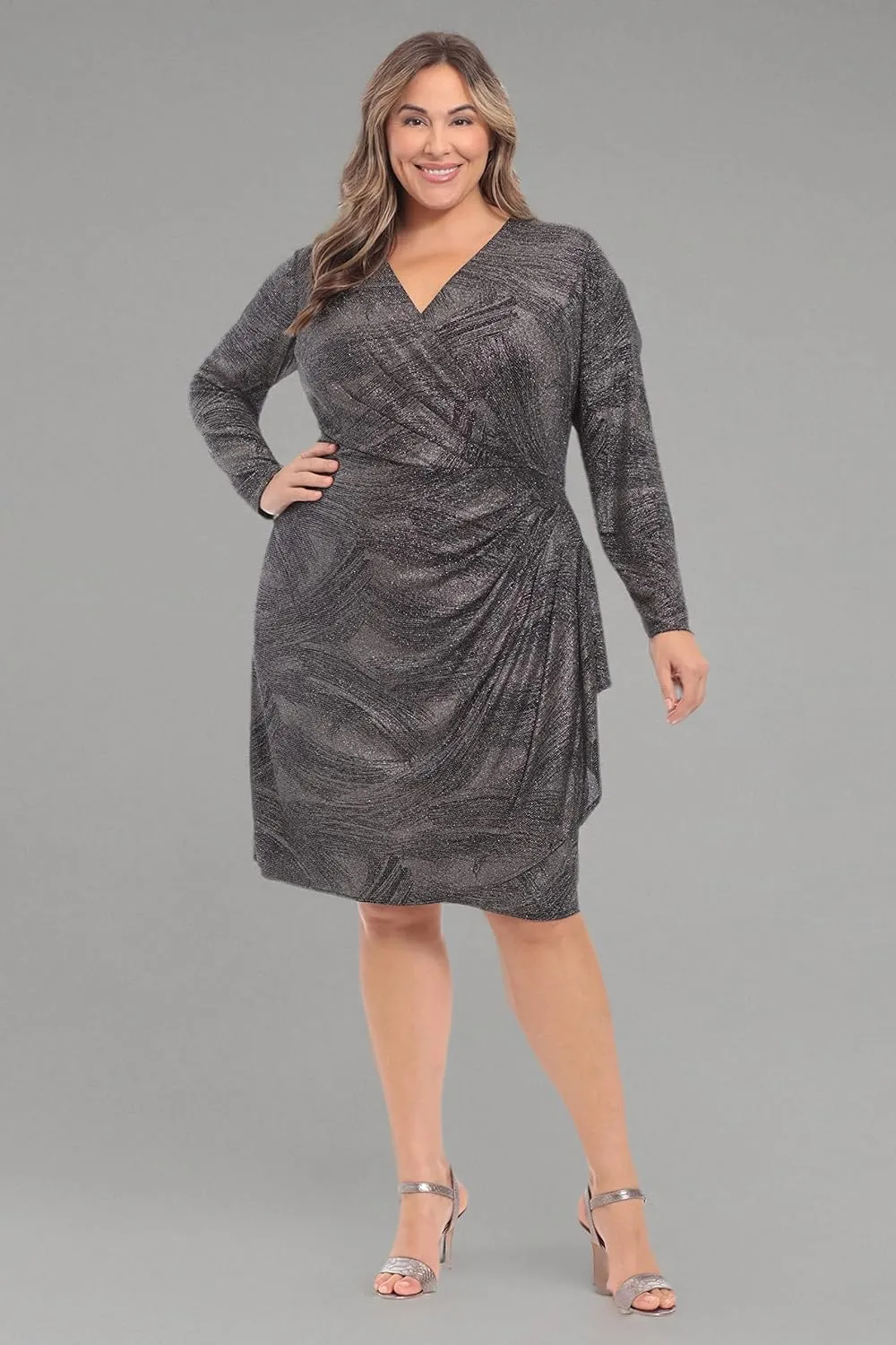 London Times Women's Plus Size Long Sleeve Surplus Bodice Dress with Draping Detail