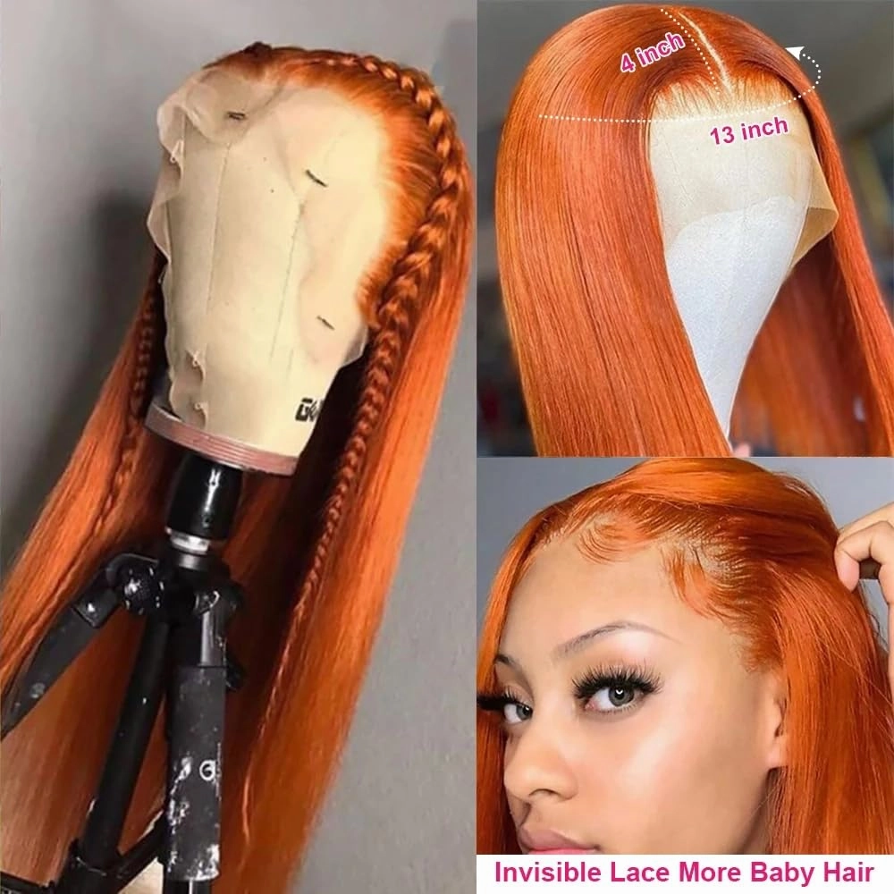 Long Ginger Orange Straight Lace Front Wigs Glueless Lace Wigs Synthetic Heat Resistant Fiber Hair Wig Natural Ginger Orange Color Straight Wig For Women 26 Inch