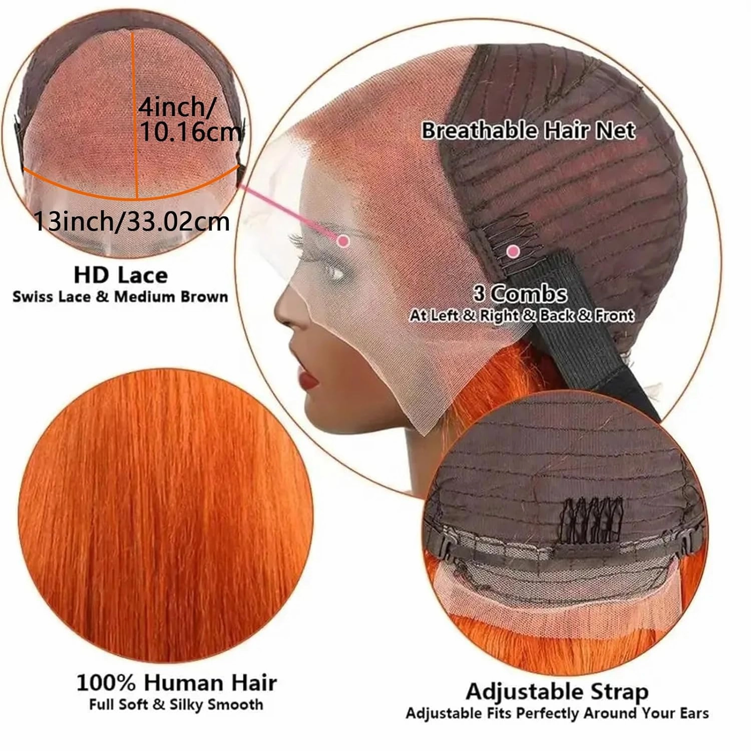 Long Ginger Orange Straight Lace Front Wigs Glueless Lace Wigs Synthetic Heat Resistant Fiber Hair Wig Natural Ginger Orange Color Straight Wig For Women 26 Inch