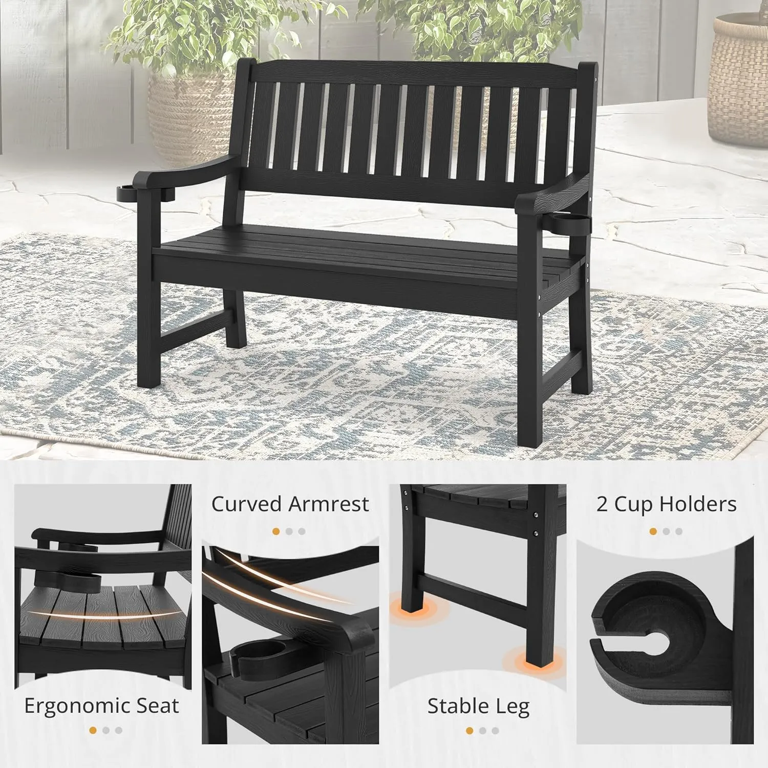LUE BONA Outdoor Bench, 2-Person HDPS Garden Bench, Outdoor Benches Weatherproof, All-Weather Fade/Rot Resistant Patio Bench for Park, Front Porch, Backyard (Black)