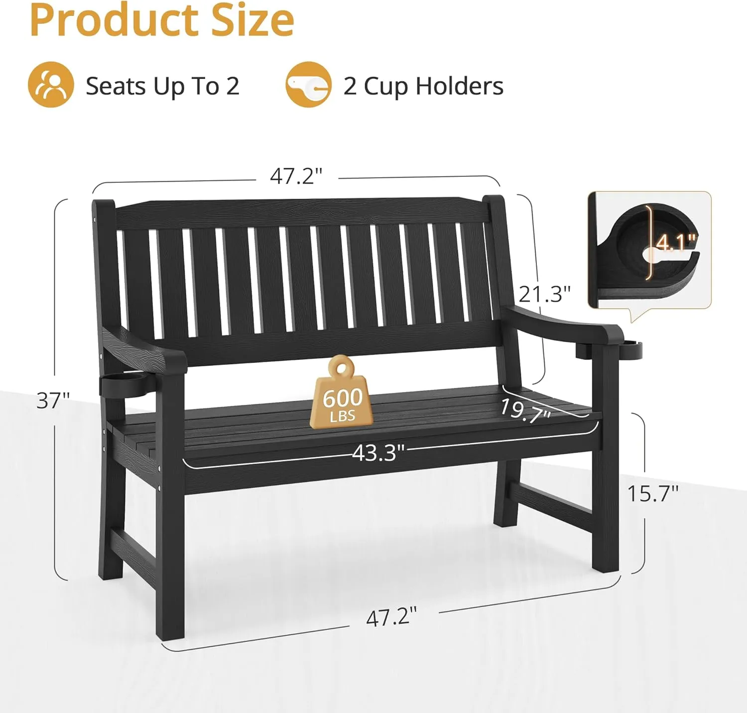 LUE BONA Outdoor Bench, 2-Person HDPS Garden Bench, Outdoor Benches Weatherproof, All-Weather Fade/Rot Resistant Patio Bench for Park, Front Porch, Backyard (Black)
