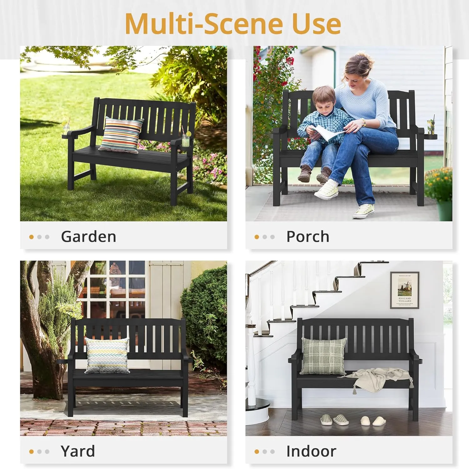 LUE BONA Outdoor Bench, 2-Person HDPS Garden Bench, Outdoor Benches Weatherproof, All-Weather Fade/Rot Resistant Patio Bench for Park, Front Porch, Backyard (Black)