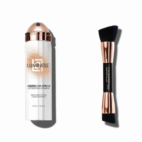 LUMINESS Airbrush Primer Spray and Angled Makeup Brush Bundle - Primes, Hydrates and Smooths Skin Texture & Soft Fiber Buffing Brush