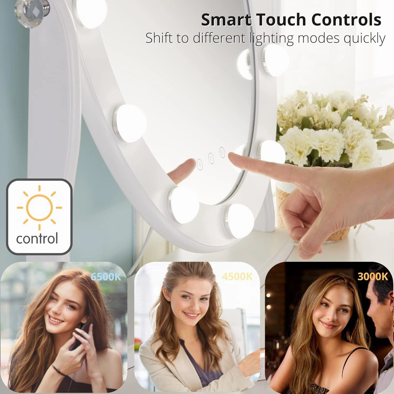 LUXFURNI Vanity Mirror with Lights, 12 LED Lights Makeup Mirror Smart Touch Control Dimmable 3 Color Modes, 90°Rotation, White