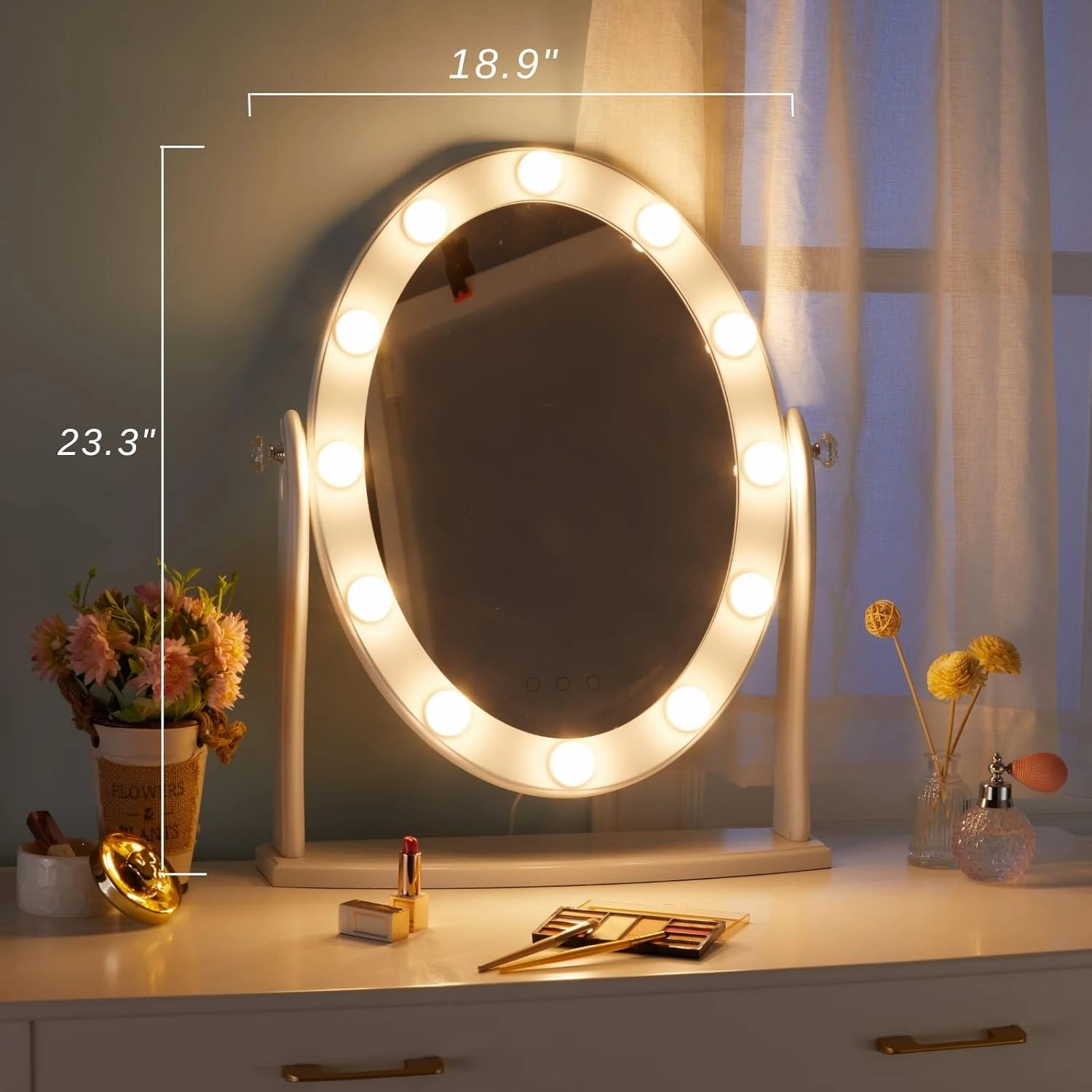 LUXFURNI Vanity Mirror with Lights, 12 LED Lights Makeup Mirror Smart Touch Control Dimmable 3 Color Modes, 90°Rotation, White